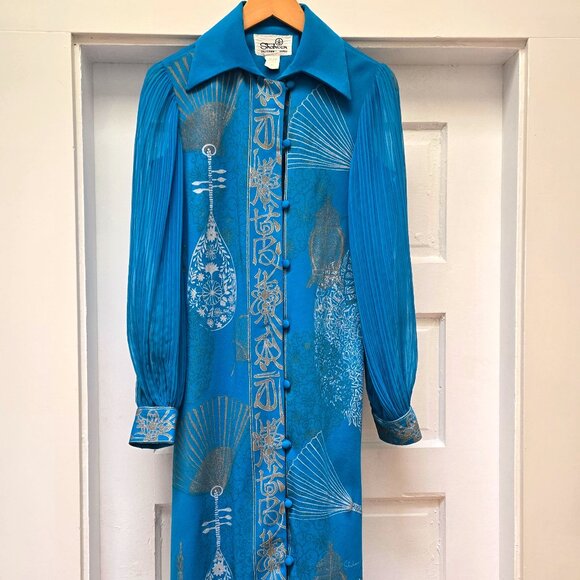 Vintage 1970s Alfred Shaheen Maxi Dress – Turquoise Blue with Gold Hand-Painted - Picture 1 of 4